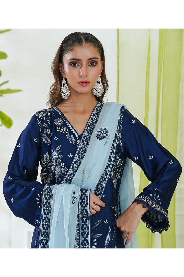 Shaanse Mehroo Cotton Silk 3PCS Ready to Wear Collection Jan-26 | Blue