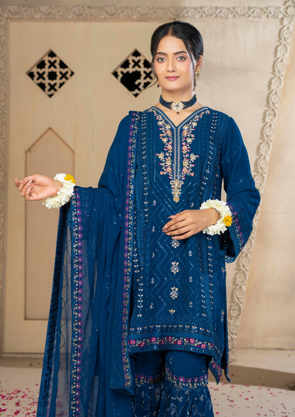 Agha Noor Chiffon Gharara Roshni Ready to Wear Collection 2025 D01 | Blue - Mirha Fashion
