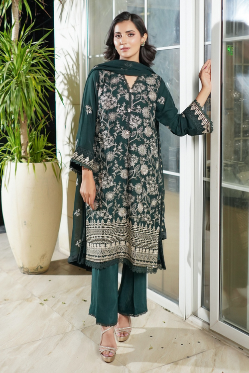 Aghanoor Dhaagakari Chiffon 3PCS Ready to Wear Collection | Bottle Green - Mirha Fashion