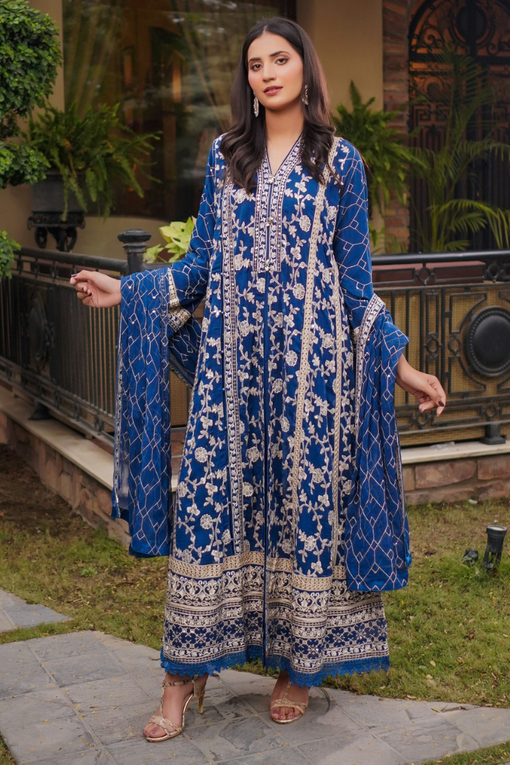 Aghanoor Afsanaay Chiffon Gown 3PCS Ready to Wear Collection | Blue