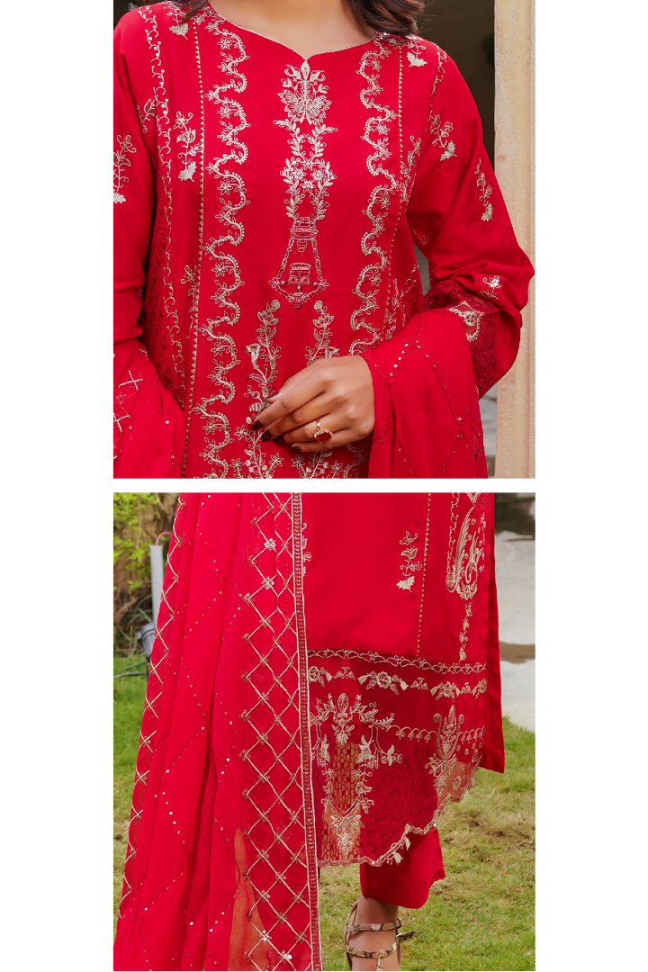 Shaanse Cyra Vol-2 Cotton Silk 3PCS Ready to Wear Collection Jan-26 | Red - Mirha Fashion
