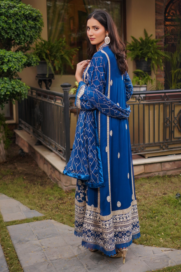 Aghanoor Afsanaay Chiffon Gown 3PCS Ready to Wear Collection | Blue