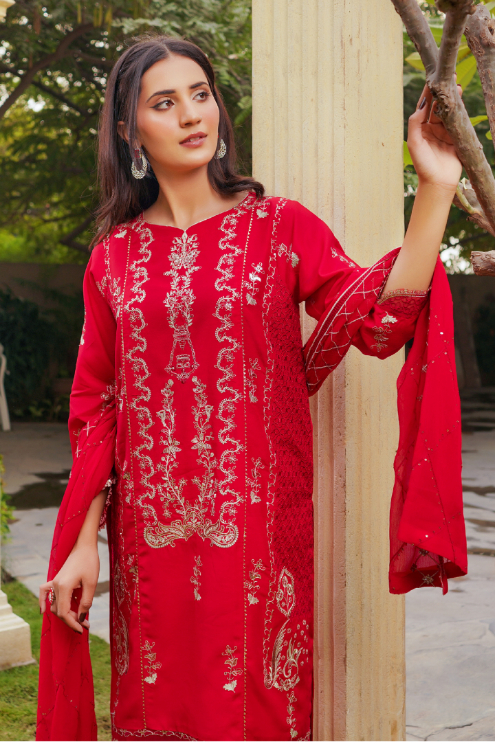 Shaanse Cyra Vol-2 Cotton Silk 3PCS Ready to Wear Collection Jan-26 | Red - Mirha Fashion