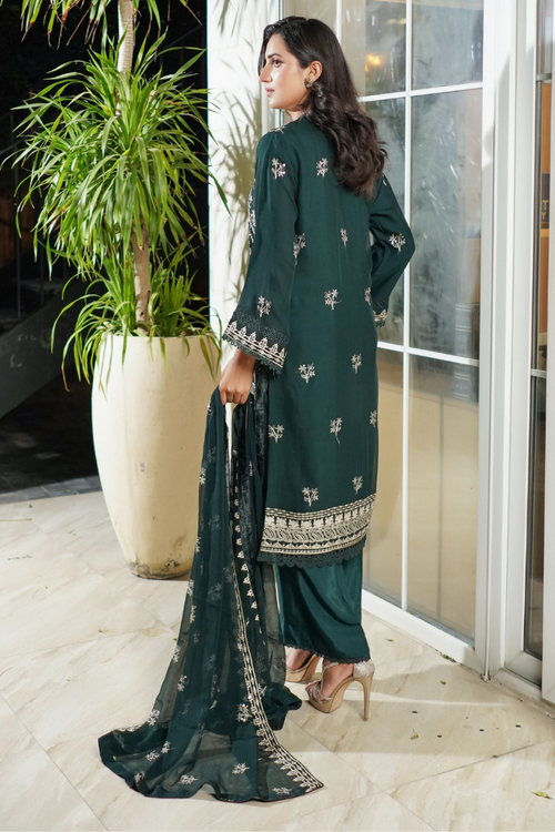 Aghanoor Dhaagakari Chiffon 3PCS Ready to Wear Collection | Bottle Green - Mirha Fashion