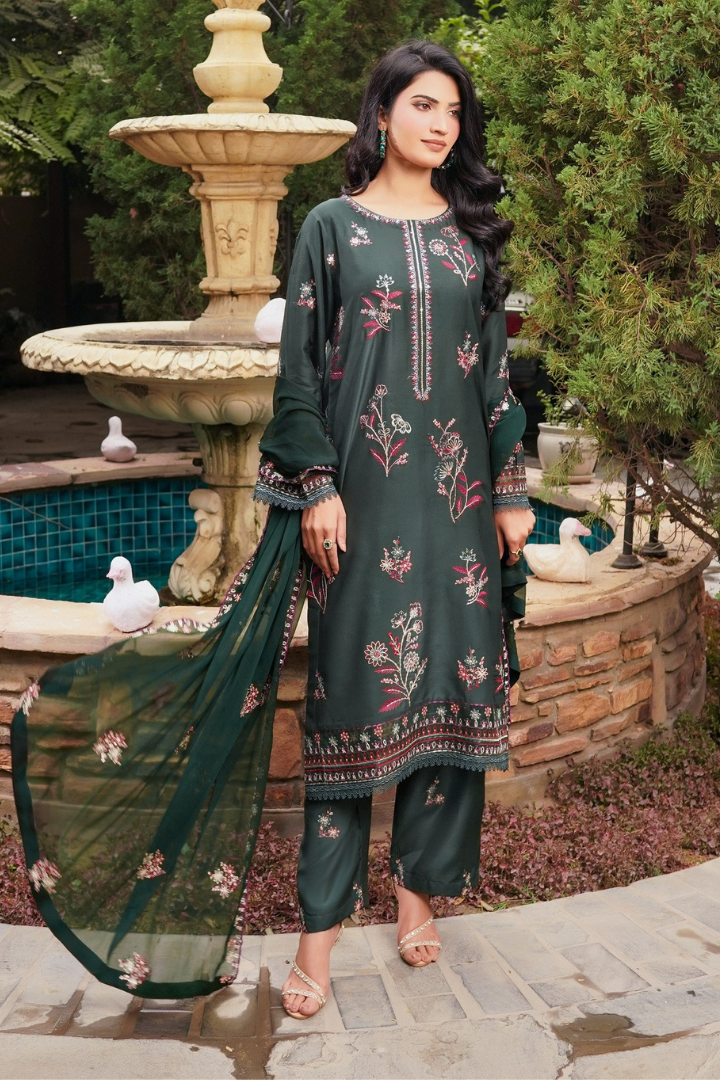 Shaanse Cyra Vol-2 Cotton Silk 3PCS Ready to Wear Collection Jan-26 | Bottle Green - Mirha Fashion