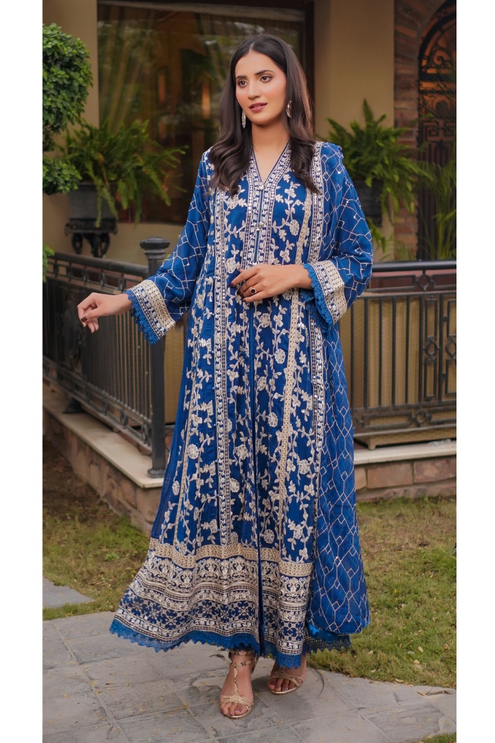 Aghanoor Afsanaay Chiffon Gown 3PCS Ready to Wear Collection | Blue