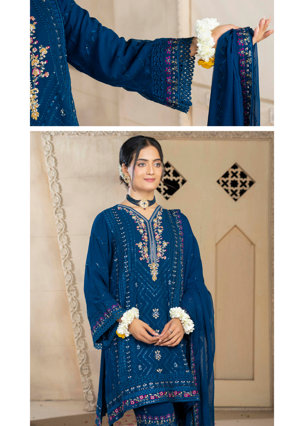 Agha Noor Chiffon Gharara Roshni Ready to Wear Collection 2025 D01 | Blue - Mirha Fashion