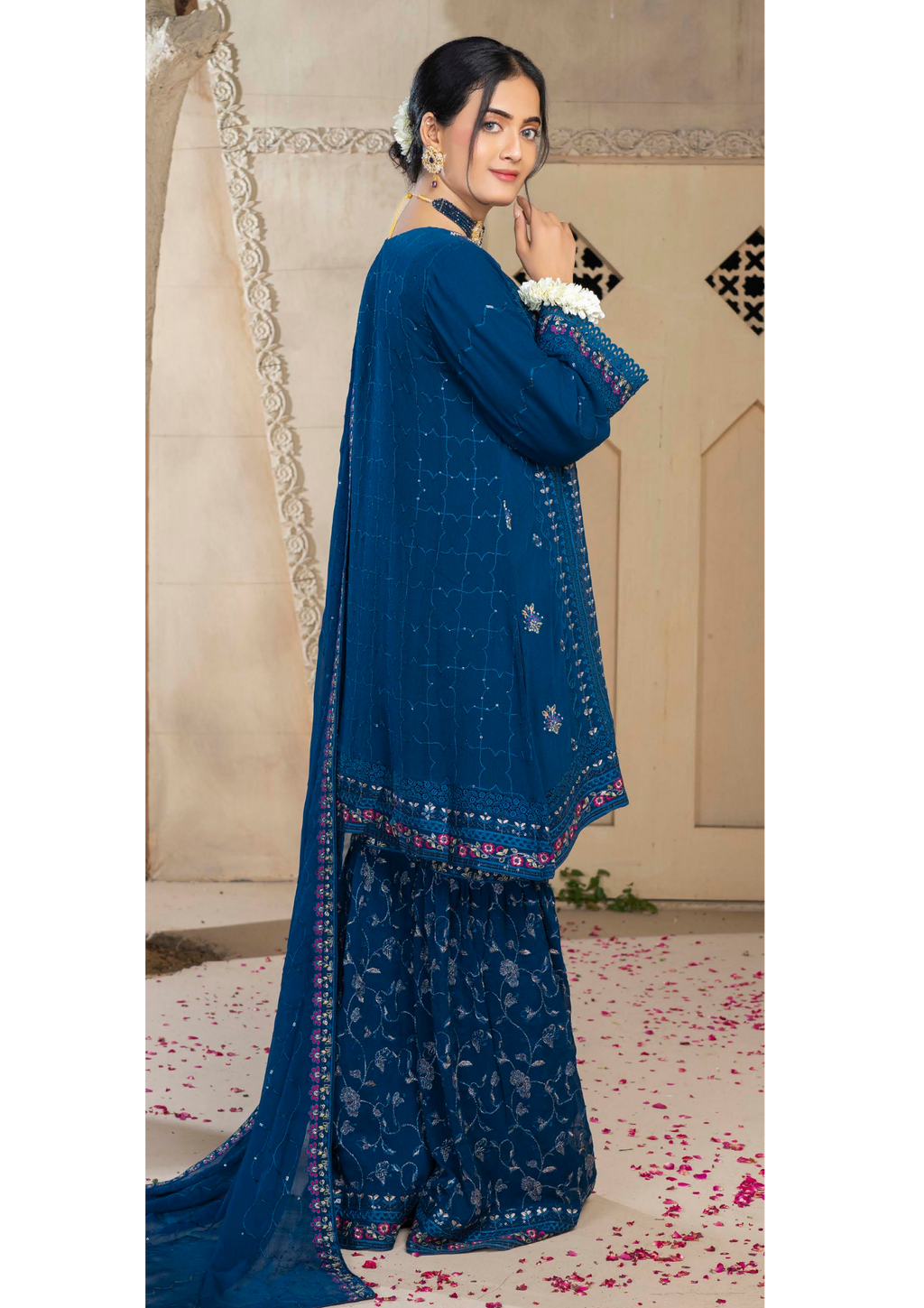 Agha Noor Chiffon Gharara Roshni Ready to Wear Collection 2025 D01 | Blue - Mirha Fashion