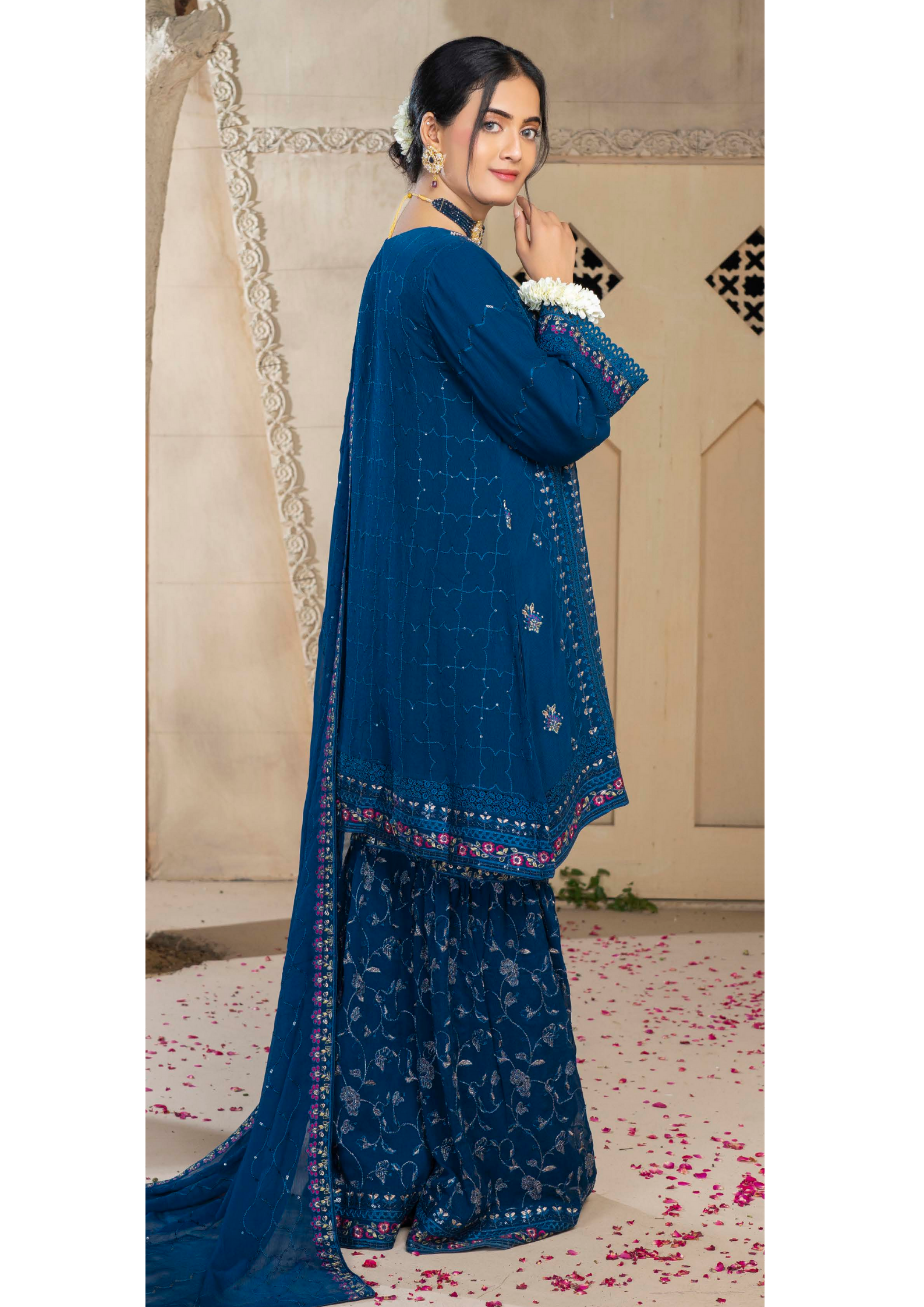 Agha Noor Chiffon Gharara Roshni Ready to Wear Collection 2025 D01 | Blue - Mirha Fashion