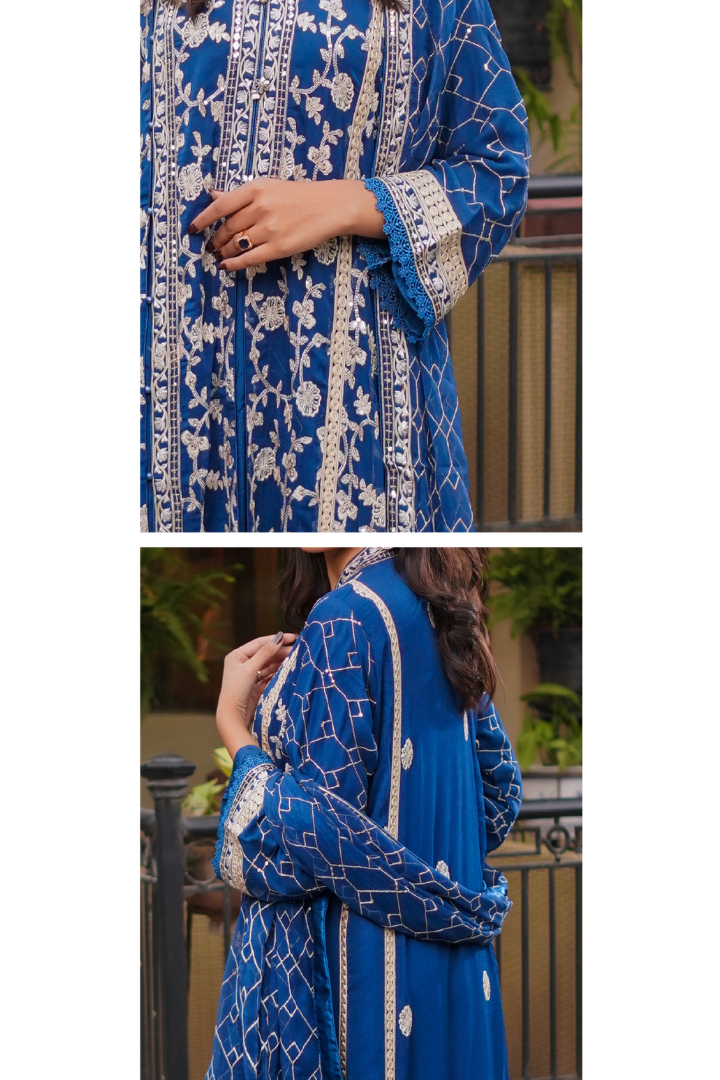 Aghanoor Afsanaay Chiffon Gown 3PCS Ready to Wear Collection | Blue