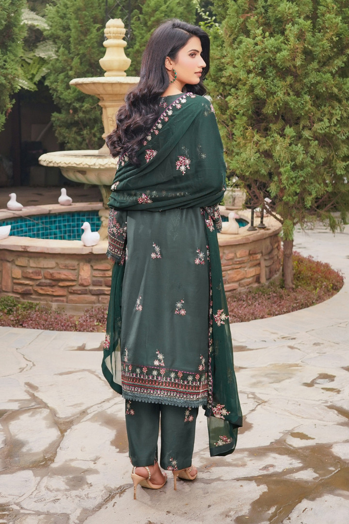 Shaanse Cyra Vol-2 Cotton Silk 3PCS Ready to Wear Collection Jan-26 | Bottle Green - Mirha Fashion