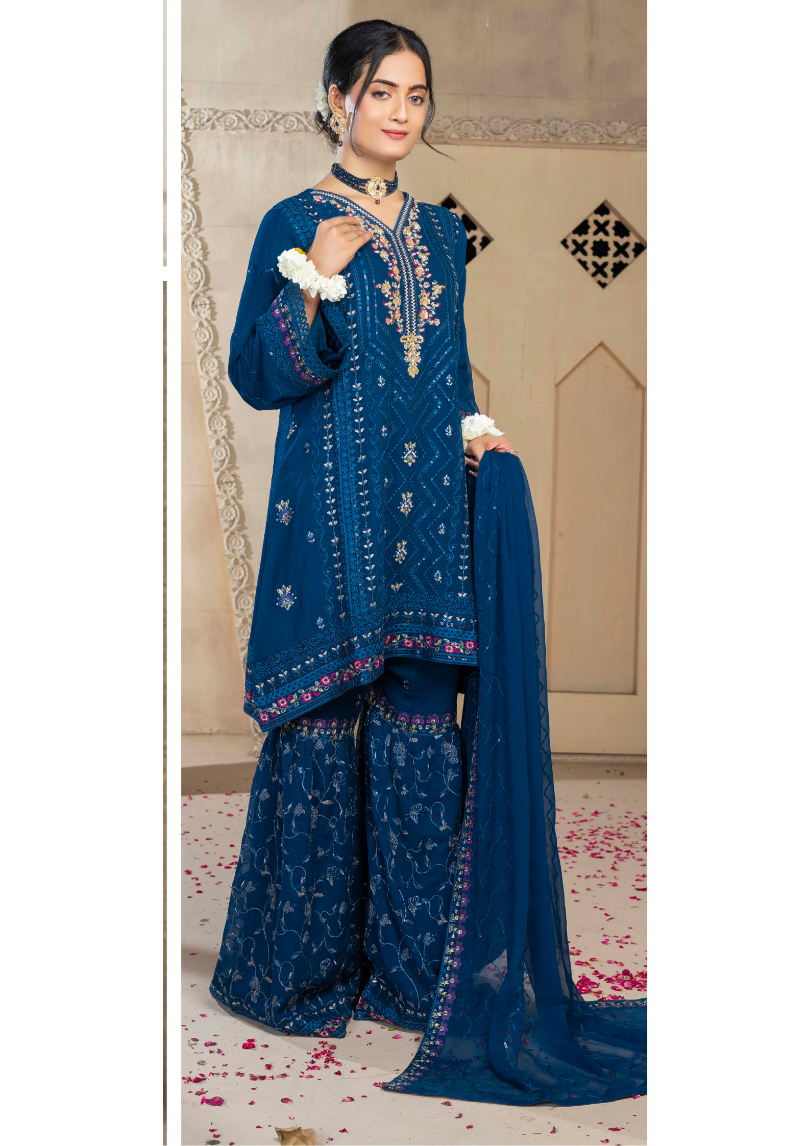 Agha Noor Chiffon Gharara Roshni Ready to Wear Collection 2025 D01 | Blue - Mirha Fashion
