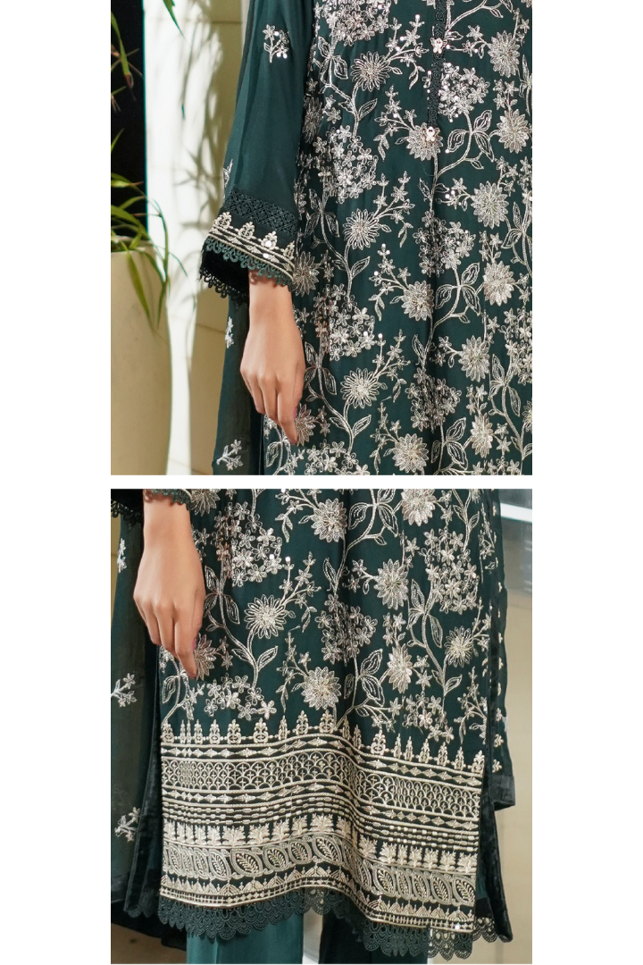 Aghanoor Dhaagakari Chiffon 3PCS Ready to Wear Collection | Bottle Green