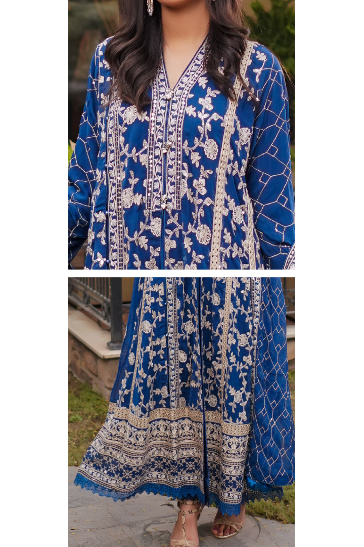 Aghanoor Afsanaay Chiffon Gown 3PCS Ready to Wear Collection | Blue