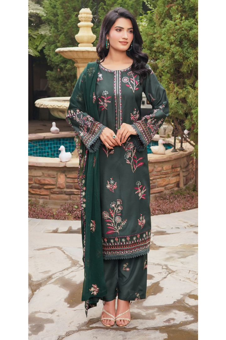 Shaanse Cyra Vol-2 Cotton Silk 3PCS Ready to Wear Collection Jan-26 | Bottle Green - Mirha Fashion