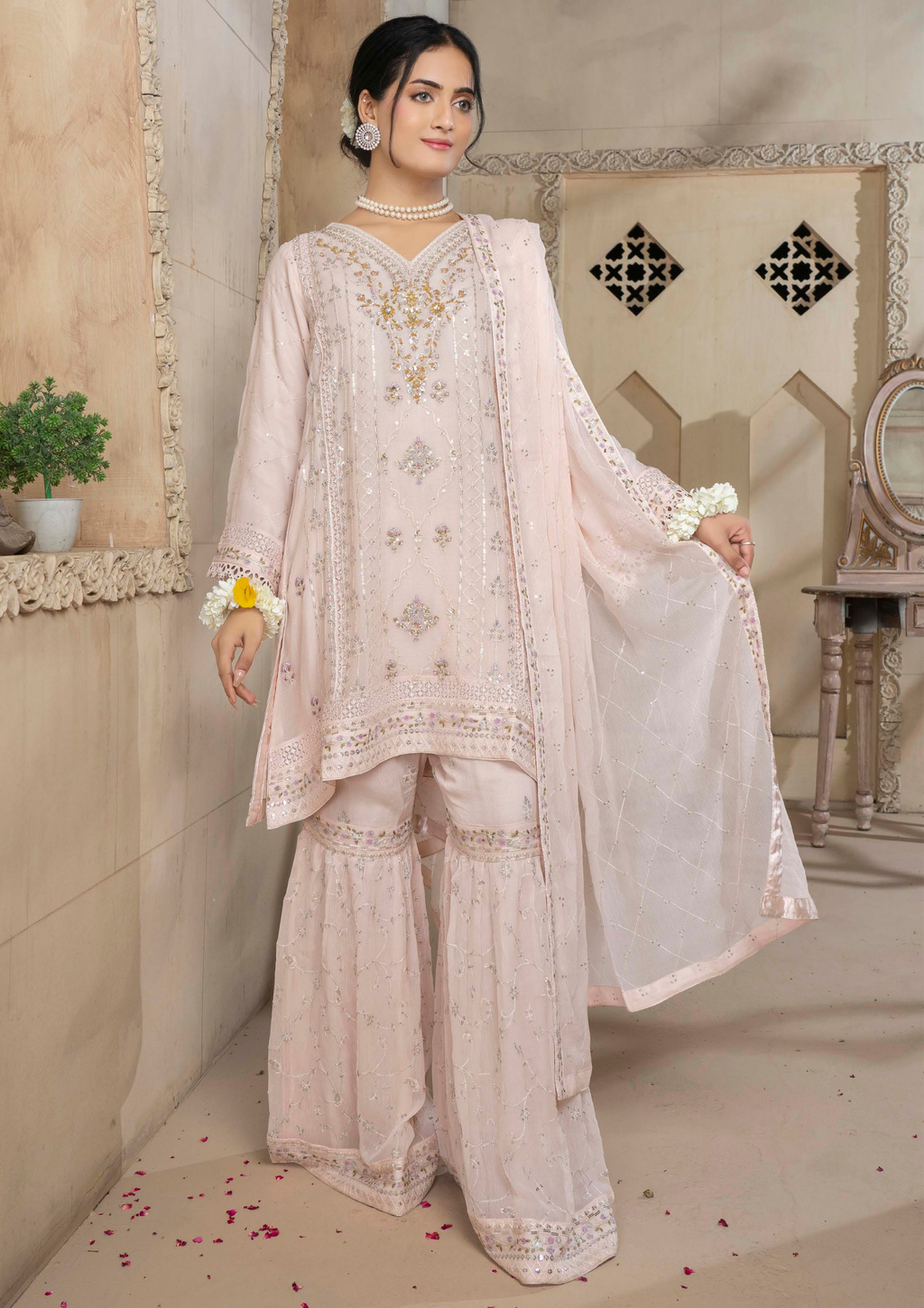 Agha Noor Chiffon Gharara Roshni Ready to Wear Collection 2025 D10 | Light Pink