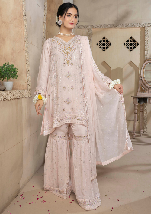 Agha Noor Chiffon Gharara Roshni Ready to Wear Collection 2025 D10 | Light Pink - Mirha Fashion