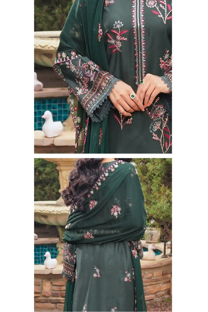 Shaanse Cyra Vol-2 Cotton Silk 3PCS Ready to Wear Collection Jan-26 | Bottle Green - Mirha Fashion