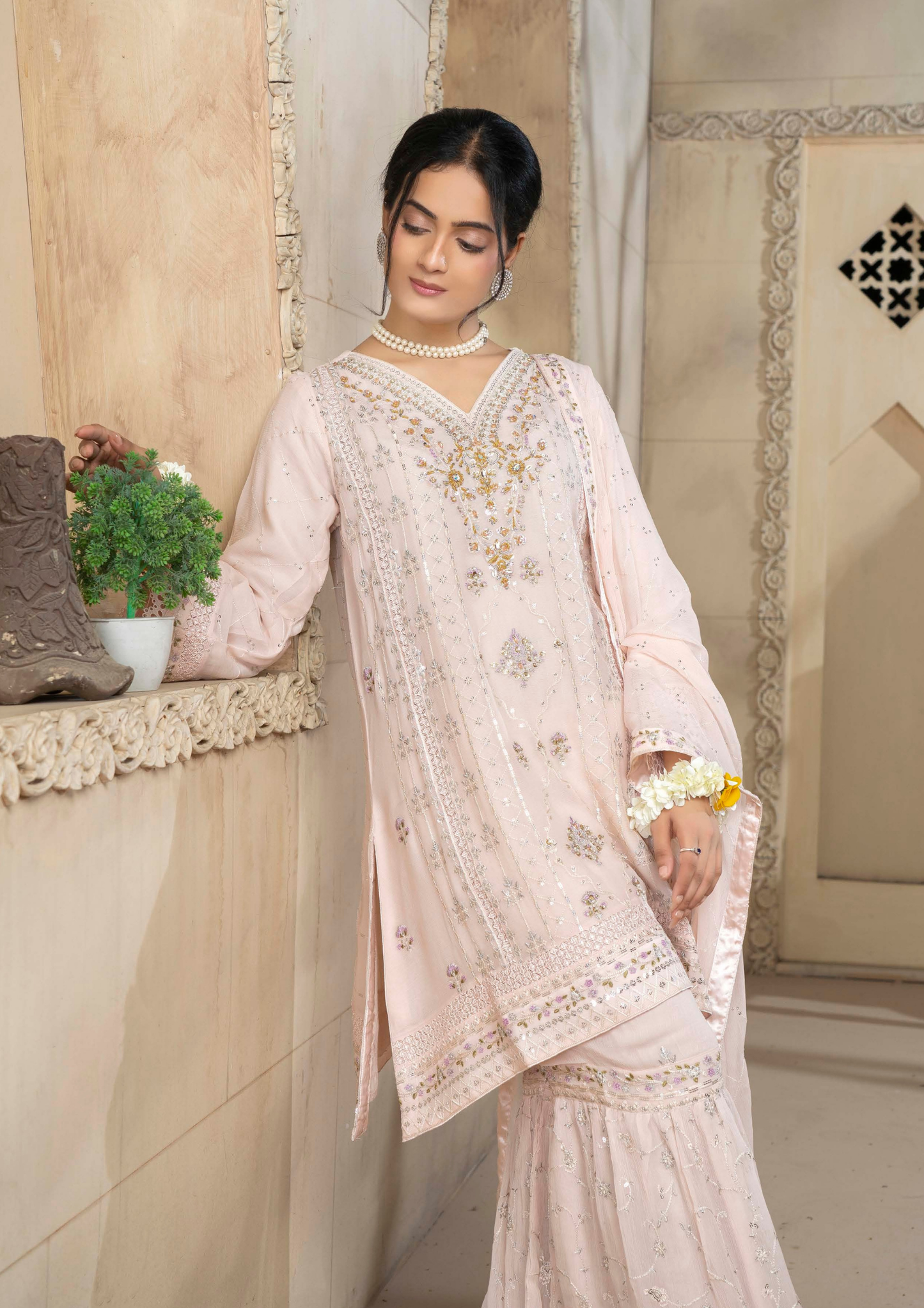 Agha Noor Chiffon Gharara Roshni Ready to Wear Collection 2025 D10 | Light Pink