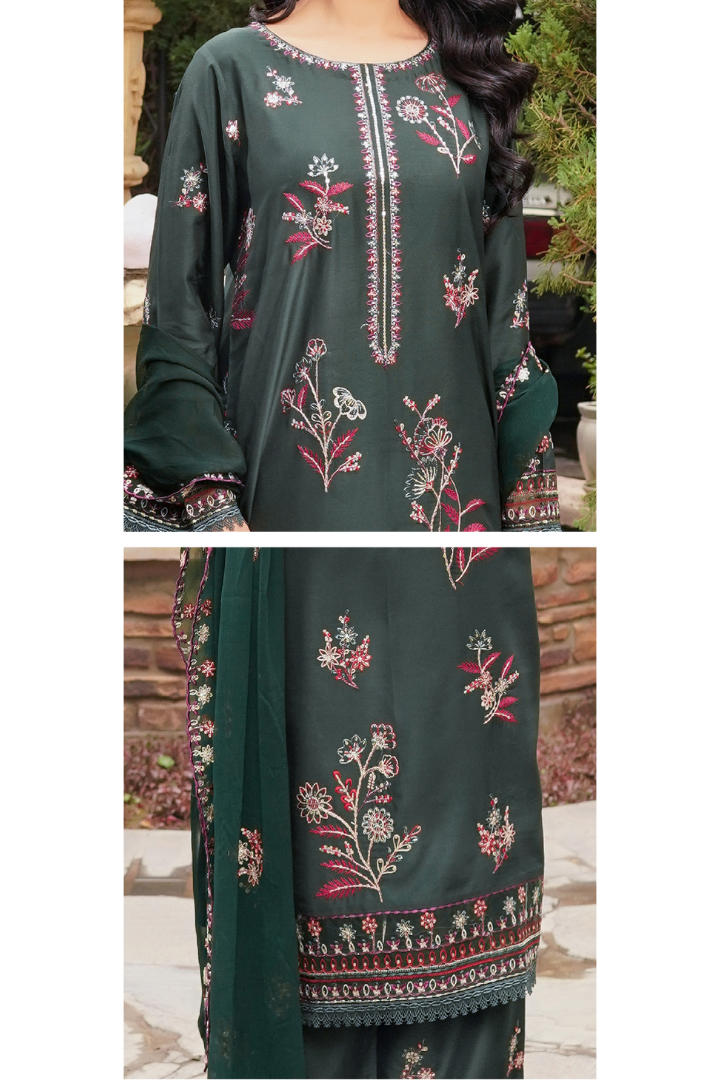 Shaanse Cyra Vol-2 Cotton Silk 3PCS Ready to Wear Collection Jan-26 | Bottle Green - Mirha Fashion