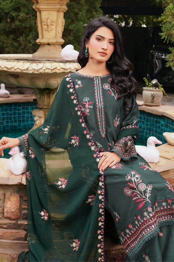 Shaanse Cyra Vol-2 Cotton Silk 3PCS Ready to Wear Collection Jan-26 | Bottle Green - Mirha Fashion