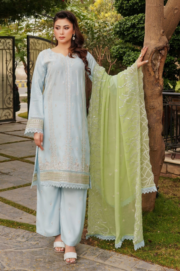 Shaanse Cyra Vol-2 Cotton Silk 3PCS Ready to Wear Collection Jan-26 | Sky Blue