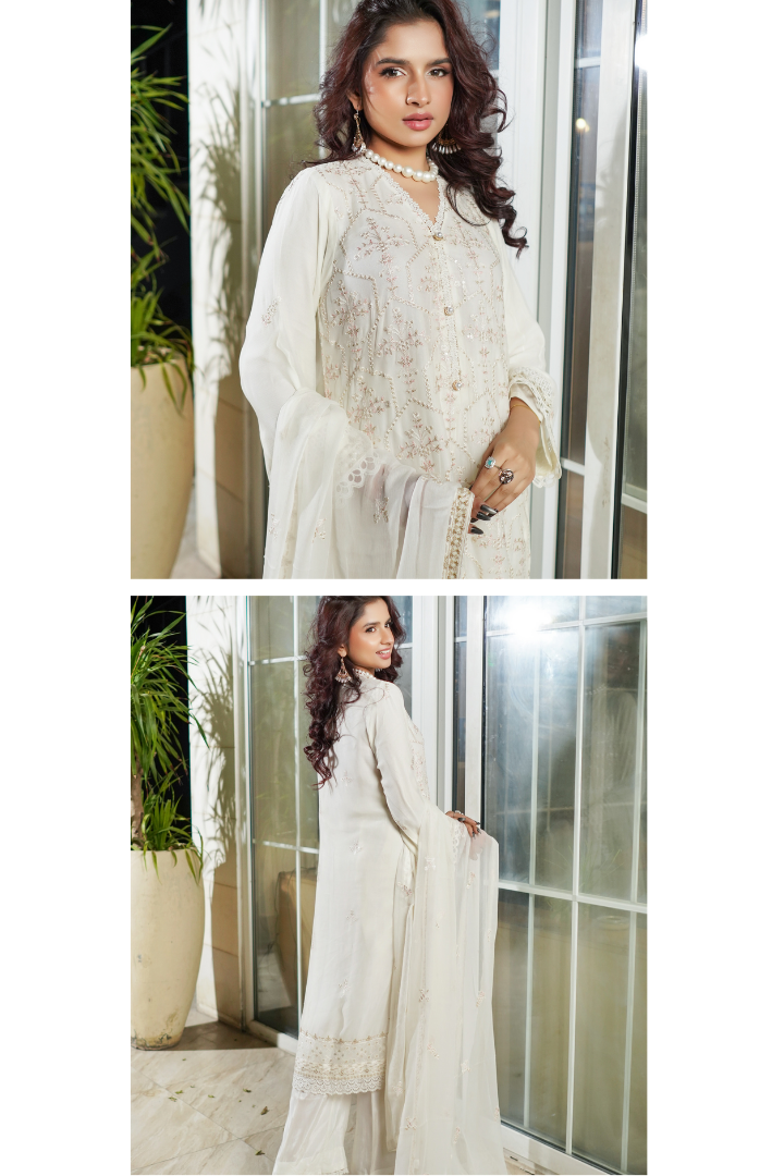 Aghanoor Dhaagakari Chiffon 3PCS Ready to Wear Collection | Off White
