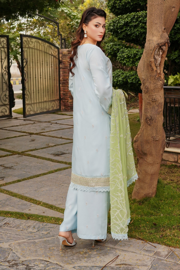 Shaanse Cyra Vol-2 Cotton Silk 3PCS Ready to Wear Collection Jan-26 | Sky Blue