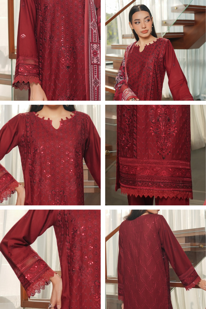 Shaanse Pehlinazar Cotton 3PCS Ready to Wear Collection | Maroon