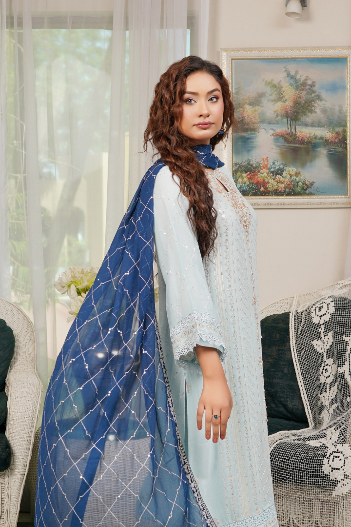 Agha Noor Qurbat Chiffon Handwork Ready to Wear Collection 2026 | Sky blue - Mirha Fashion