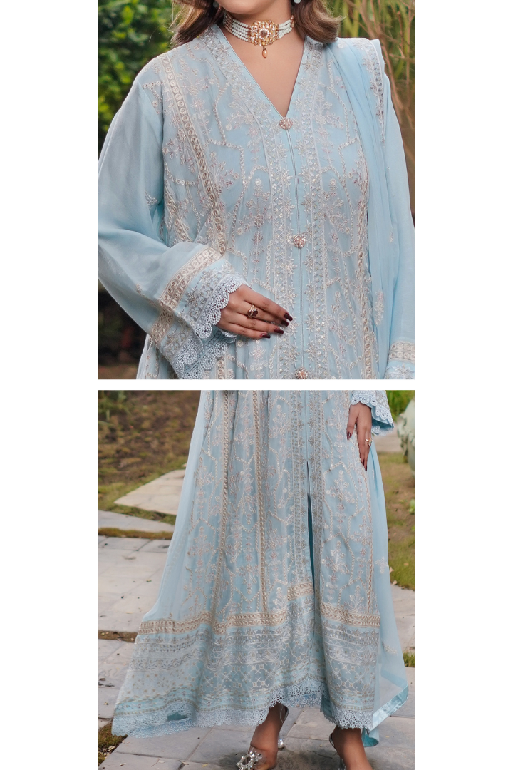 Aghanoor Afsanaay Chiffon Gown 3PCS Ready to Wear Collection | Sky Blue