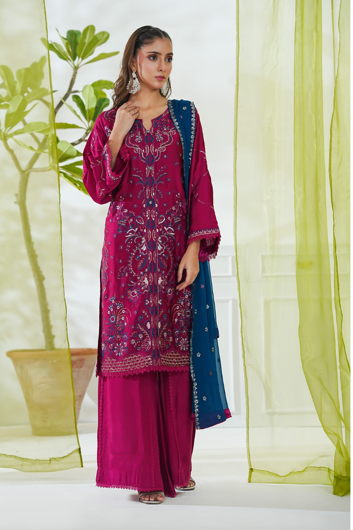 Shaanse Mehroo Cotton Silk 3PCS Ready to Wear Collection Jan-26 | Shocking Pink