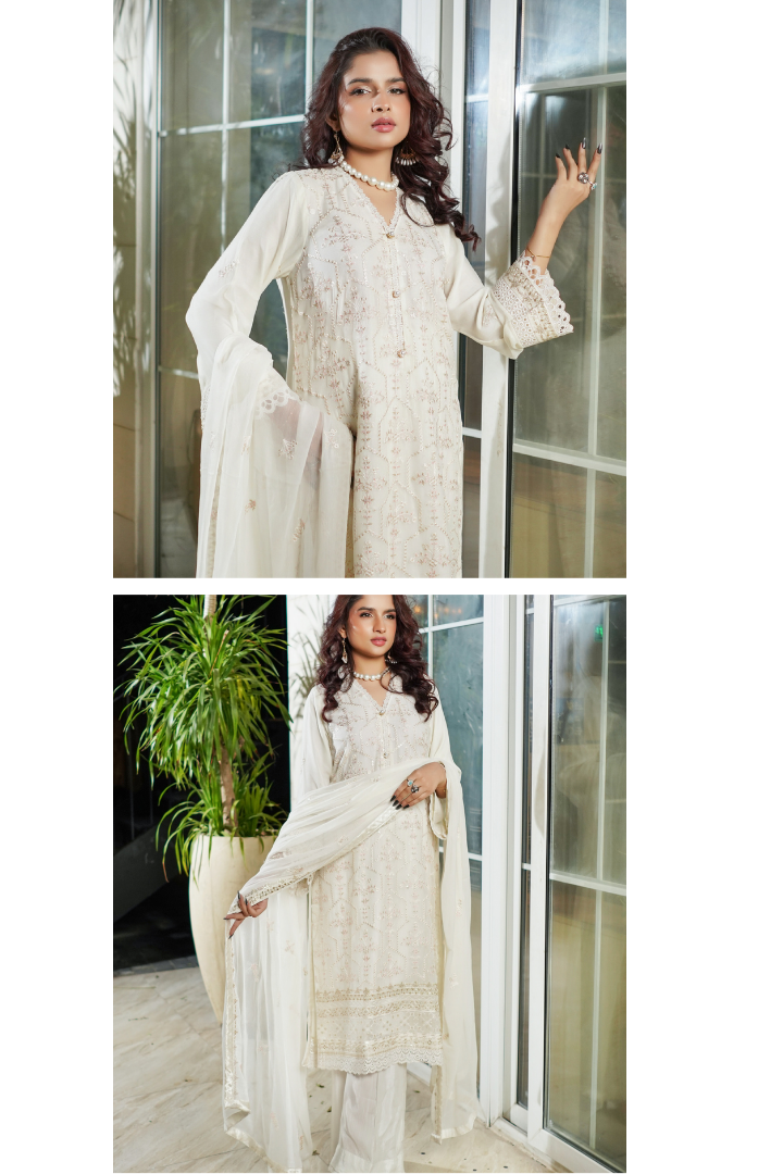 Aghanoor Dhaagakari Chiffon 3PCS Ready to Wear Collection | Off White