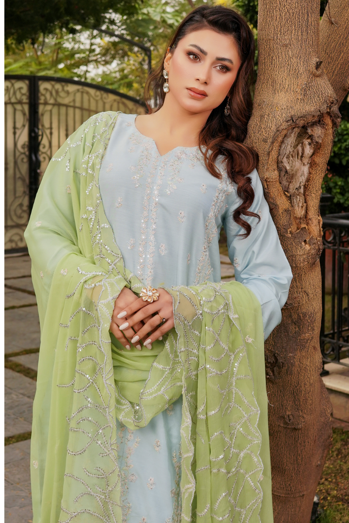 Shaanse Cyra Vol-2 Cotton Silk 3PCS Ready to Wear Collection Jan-26 | Sky Blue