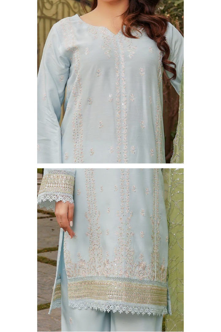 Shaanse Cyra Vol-2 Cotton Silk 3PCS Ready to Wear Collection Jan-26 | Sky Blue