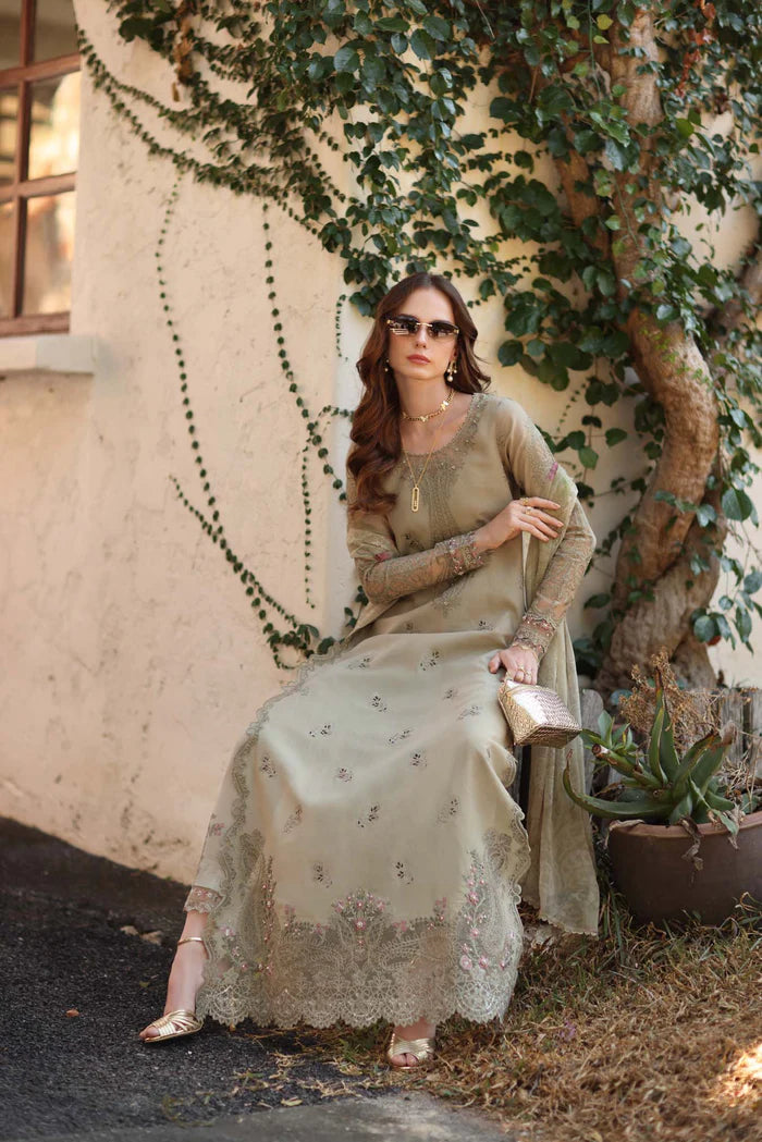 Noor By Saadia Asad Luxe Chikenkari Unstitched Collection 2026 | D7-B Warm Gold Sage - Mirha Fashion