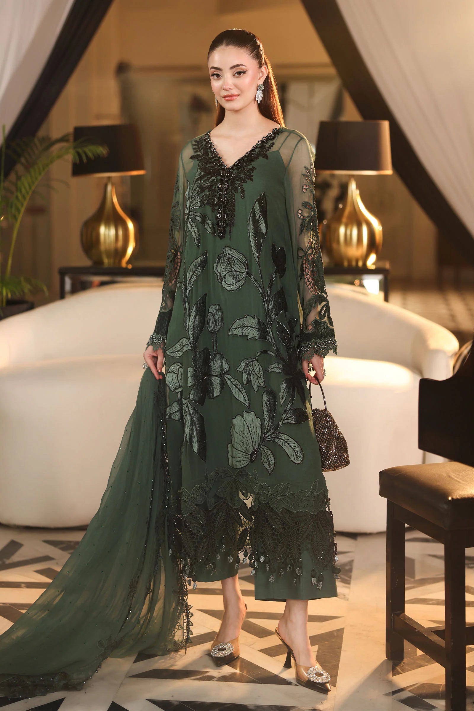 Maria B Chiffon Unstitched  Collection  2026 | MPC-26-207-Pine Green