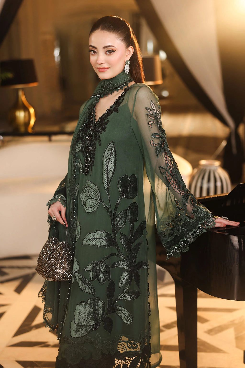 Maria B Chiffon Unstitched  Collection  2026 | MPC-26-207-Pine Green