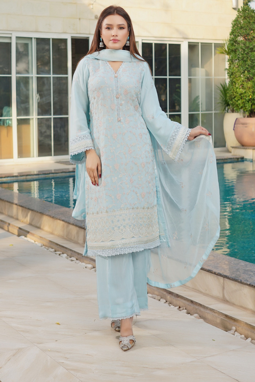 Aghanoor Dhaagakari Chiffon 3PCS Ready to Wear Collection | Sky Blue - Mirha Fashion