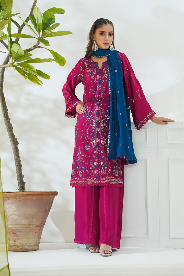 Shaanse Mehroo Cotton Silk 3PCS Ready to Wear Collection Jan-26 | Shocking Pink - Mirha Fashion
