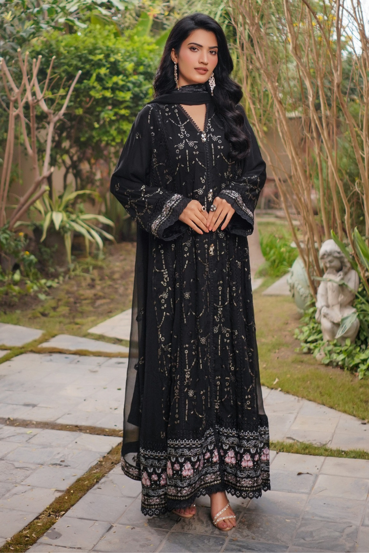 Aghanoor Afsanaay Chiffon Gown 3PCS Ready to Wear Collection | Black