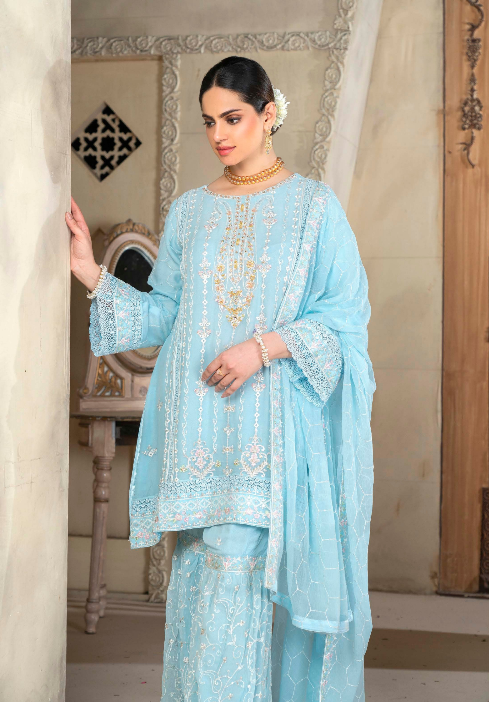 Agha Noor Chiffon Gharara Roshni Ready to Wear Collection 2025 D03 | Sky Blue