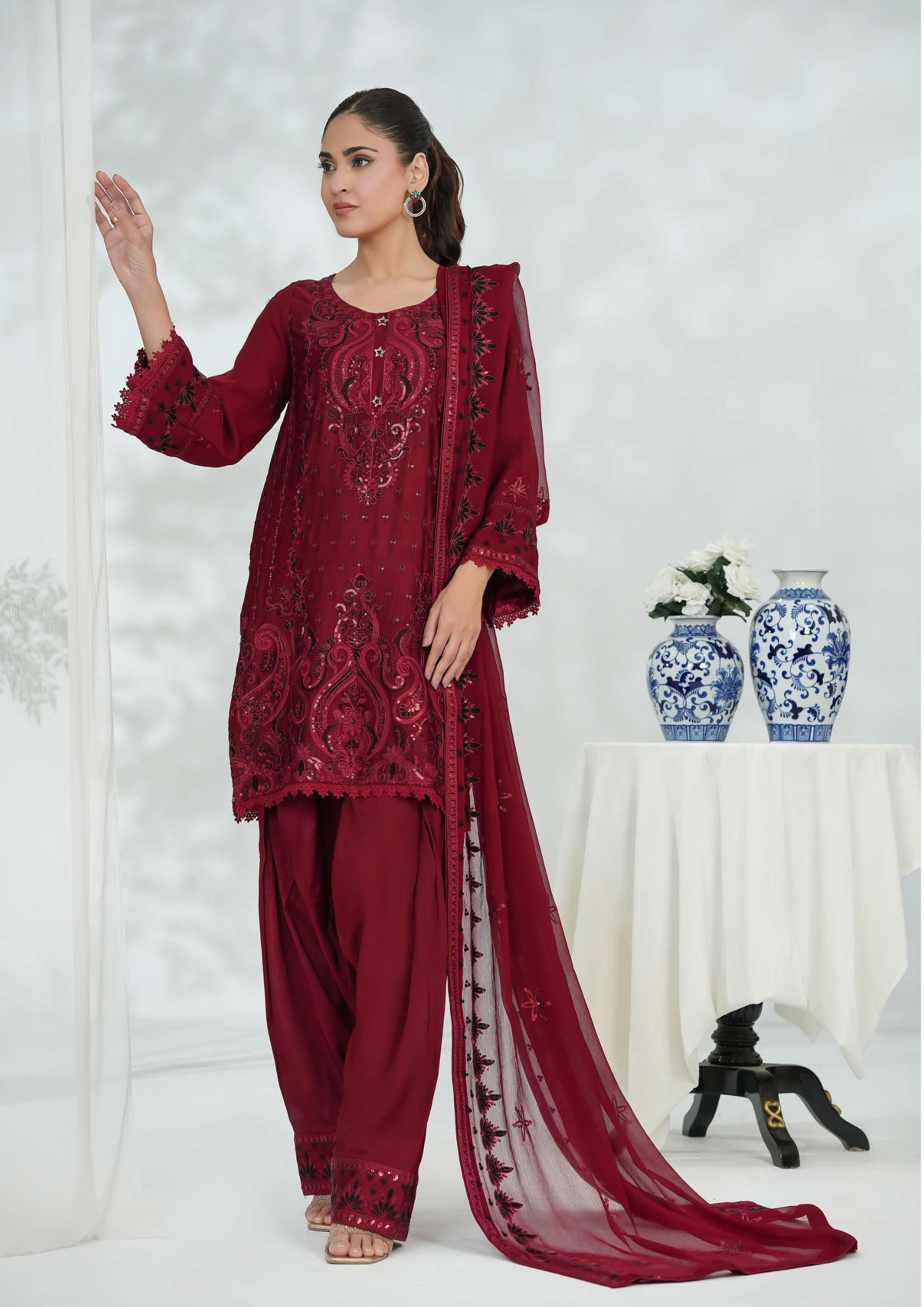 Shaanse Silk Embroidered 3PCS Ready-to-Wear Farshi Shalwar | Maroon