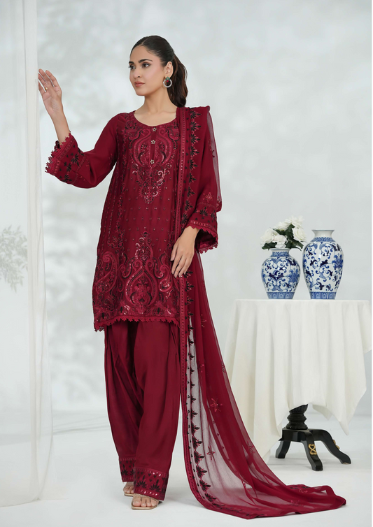 Shanse Silk Embroidered 3PCS Ready-to-Wear Farshi Shalwar | Maroon