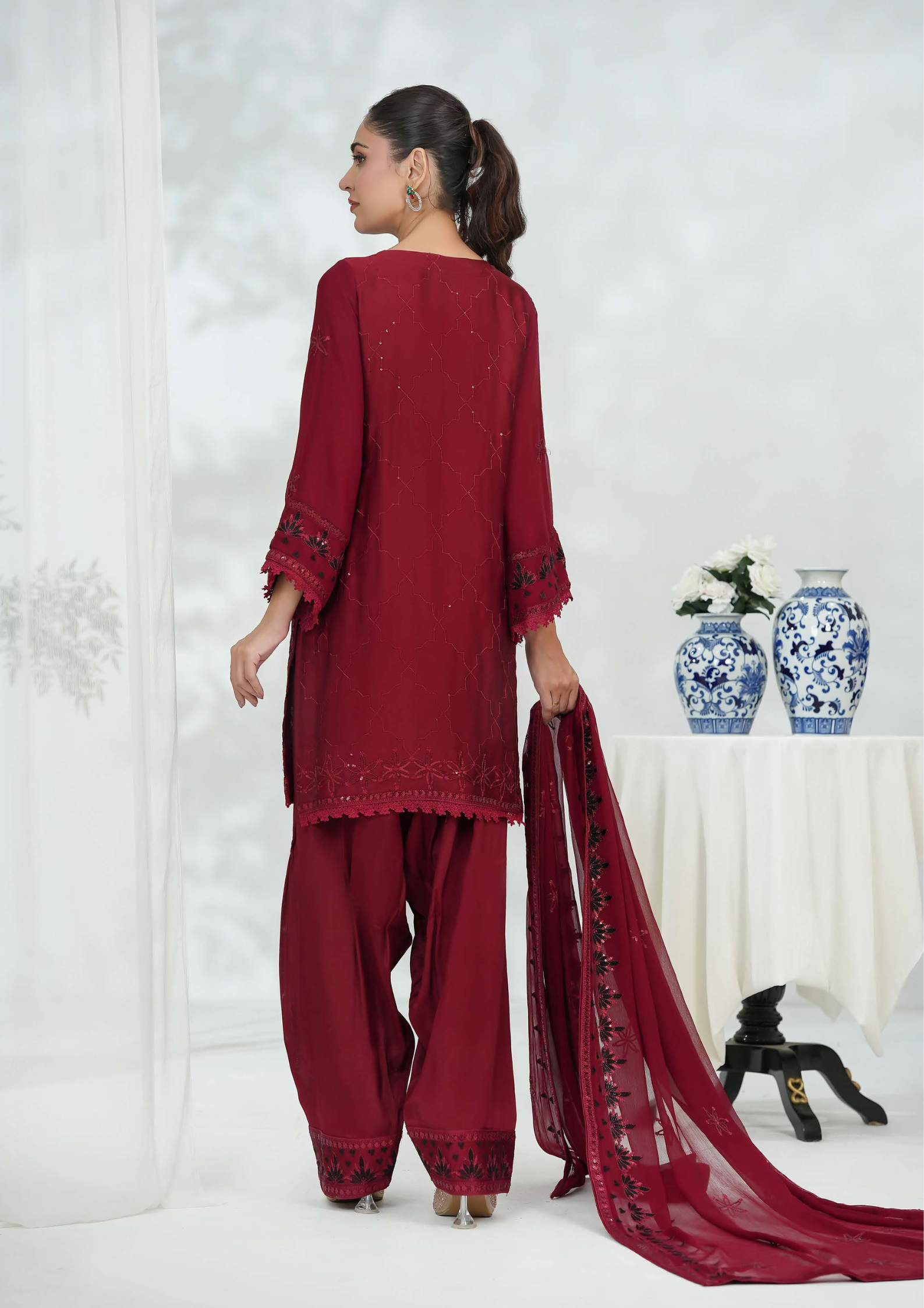 Shaanse Silk Embroidered 3PCS Ready-to-Wear Farshi Shalwar | Maroon