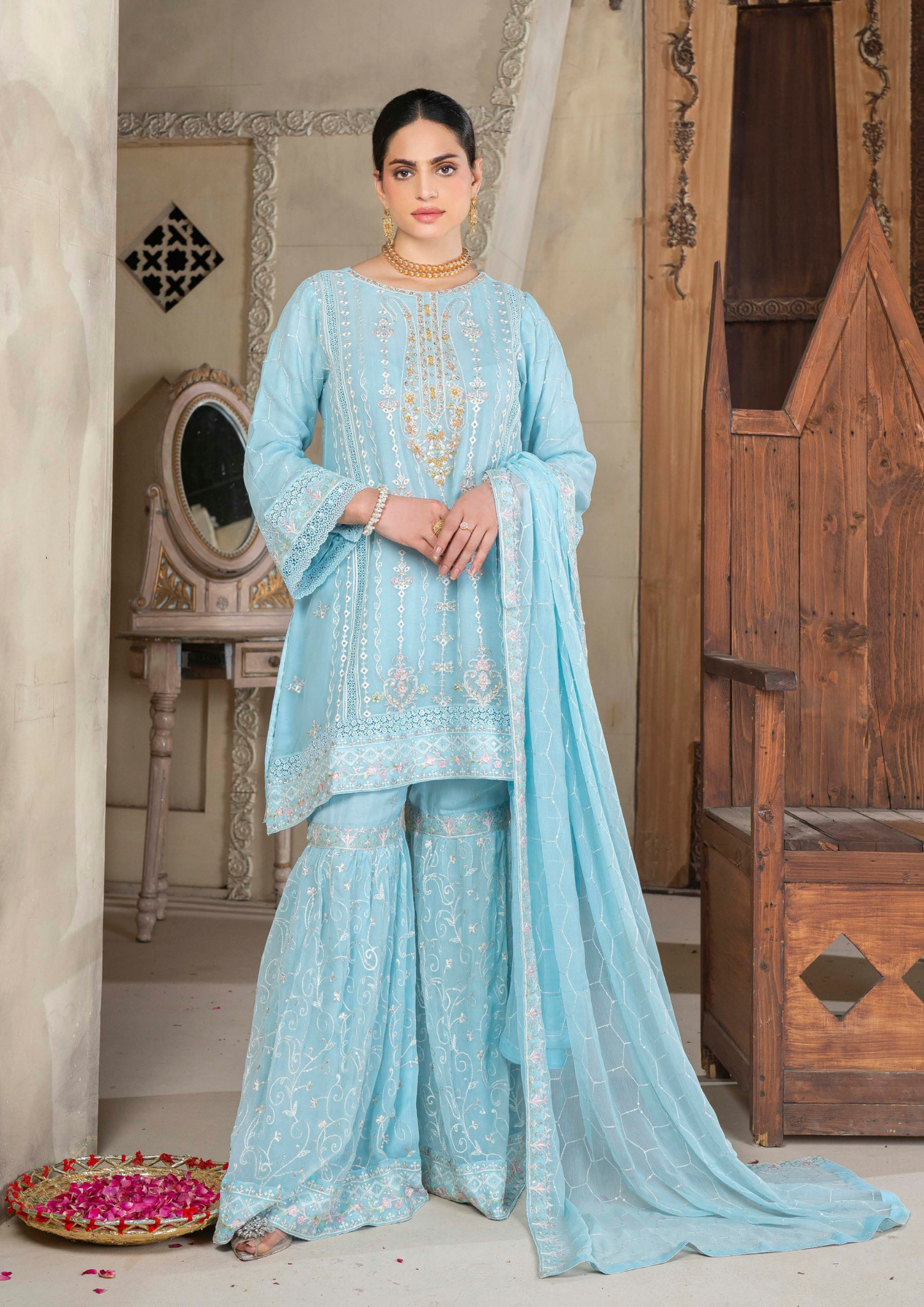 Agha Noor Chiffon Gharara Roshni Ready to Wear Collection 2025 D03 | Sky Blue