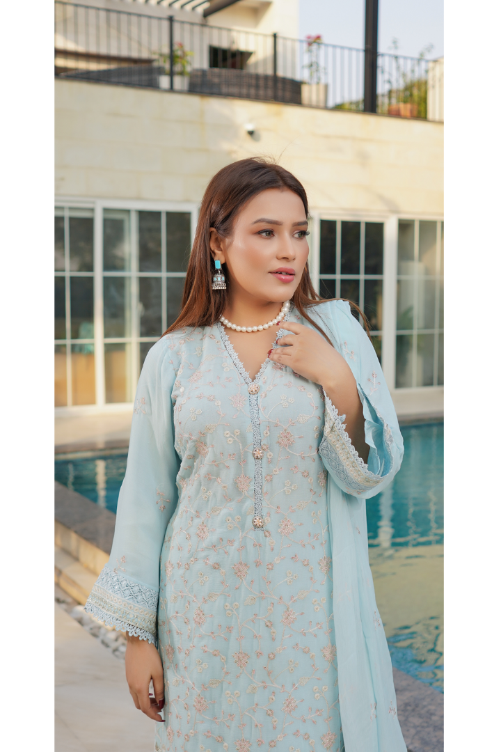 Aghanoor Dhaagakari Chiffon 3PCS Ready to Wear Collection | Sky Blue - Mirha Fashion