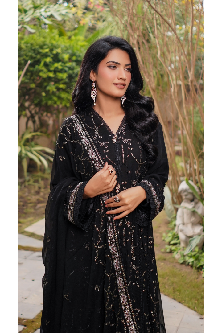 Aghanoor Afsanaay Chiffon Gown 3PCS Ready to Wear Collection | Black