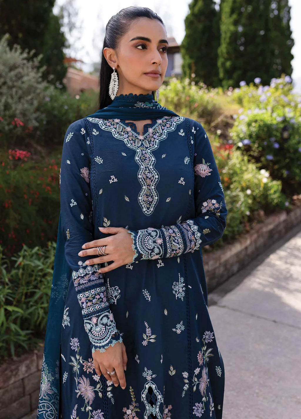 Qalamkar - Qline Unstitched Lawn Collection 2025 |QM-01 Bleu - Mirha Fashion