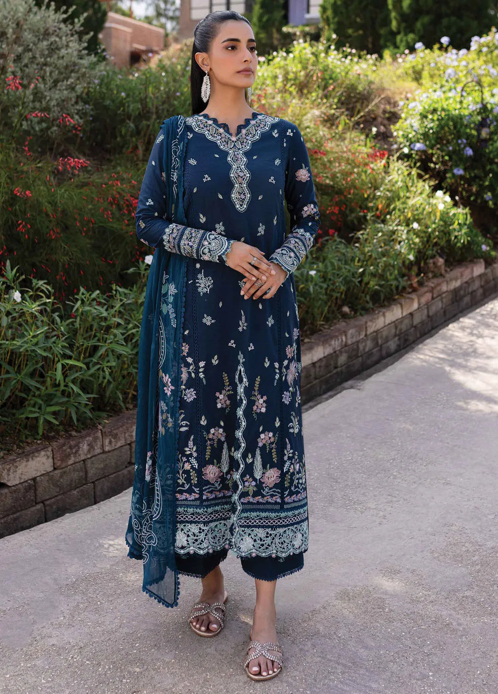 Qalamkar - Qline Unstitched Lawn Collection 2025 |QM-01 Bleu - Mirha Fashion